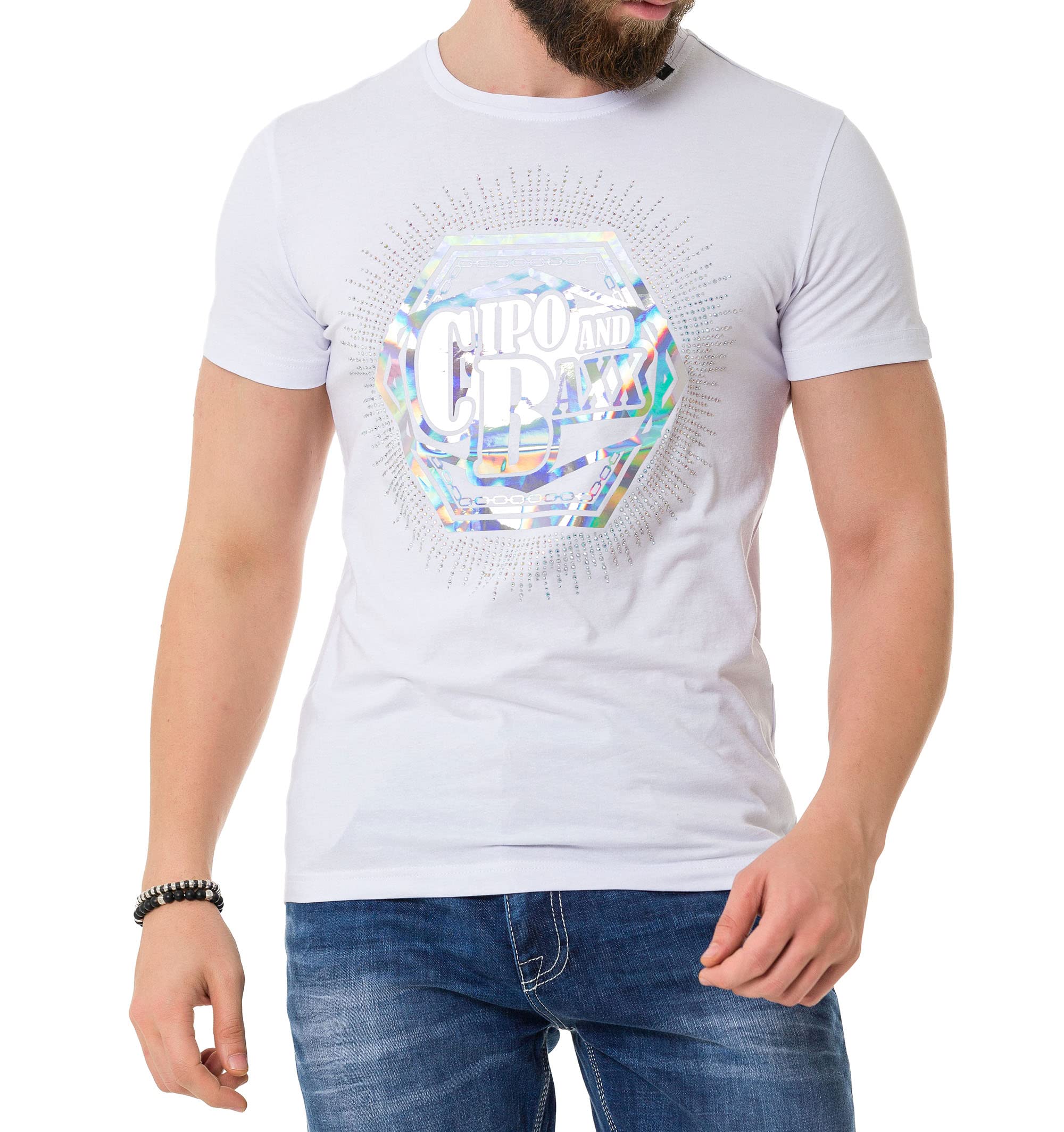 Cipo & Baxx Herren T-Shirt Glänzend Neondruck Strasssteinen Kurzarm CT720 Weiß XL