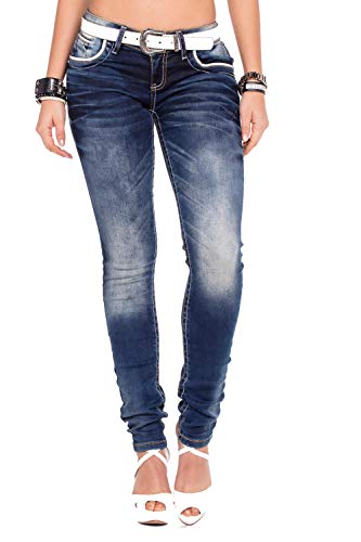 Cipo & Baxx Damen Jeans Hose Slim Fit Ziernähten Casual Denim Stonewashed Pants WD256 Blau W32 L30