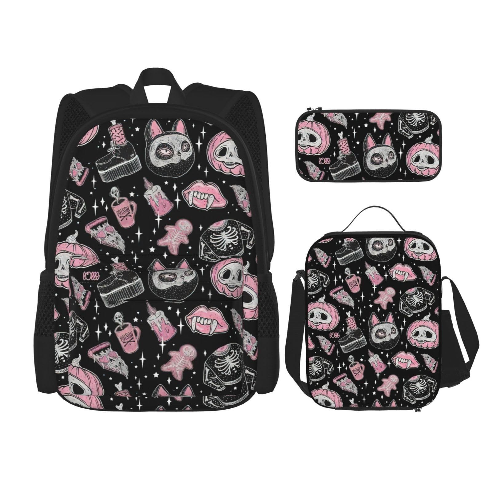 WURTON Halloween Kürbis Katze Druck Rucksack Mädchen Jungen Schultaschen Teenager Lunchbox und Federmäppchen 3-in-1 Büchertaschen-Set