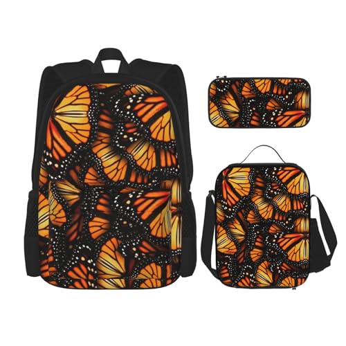 DENMER Mehrzweck-Schultasche mit passendem Federmäppchen und Lunchtasche - Ihre stilvolle All-in-One-Lösung, Heaps of Orange Monarch Schmetterlinge, Einheitsgröße