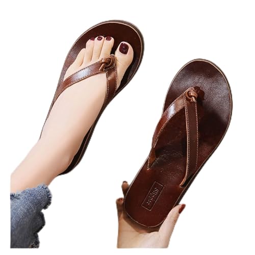 GHYUB Herren- Und Damen-Echtleder-Flip-Flops Mit Offener Spitze, Sandalen, Damen, Zehensteg, Damen-Flip-Flops, Bequeme Orthopädische Hausschuhe, Sommer-Strand-Slipper (Color : Brown, Size : EUR41/42)