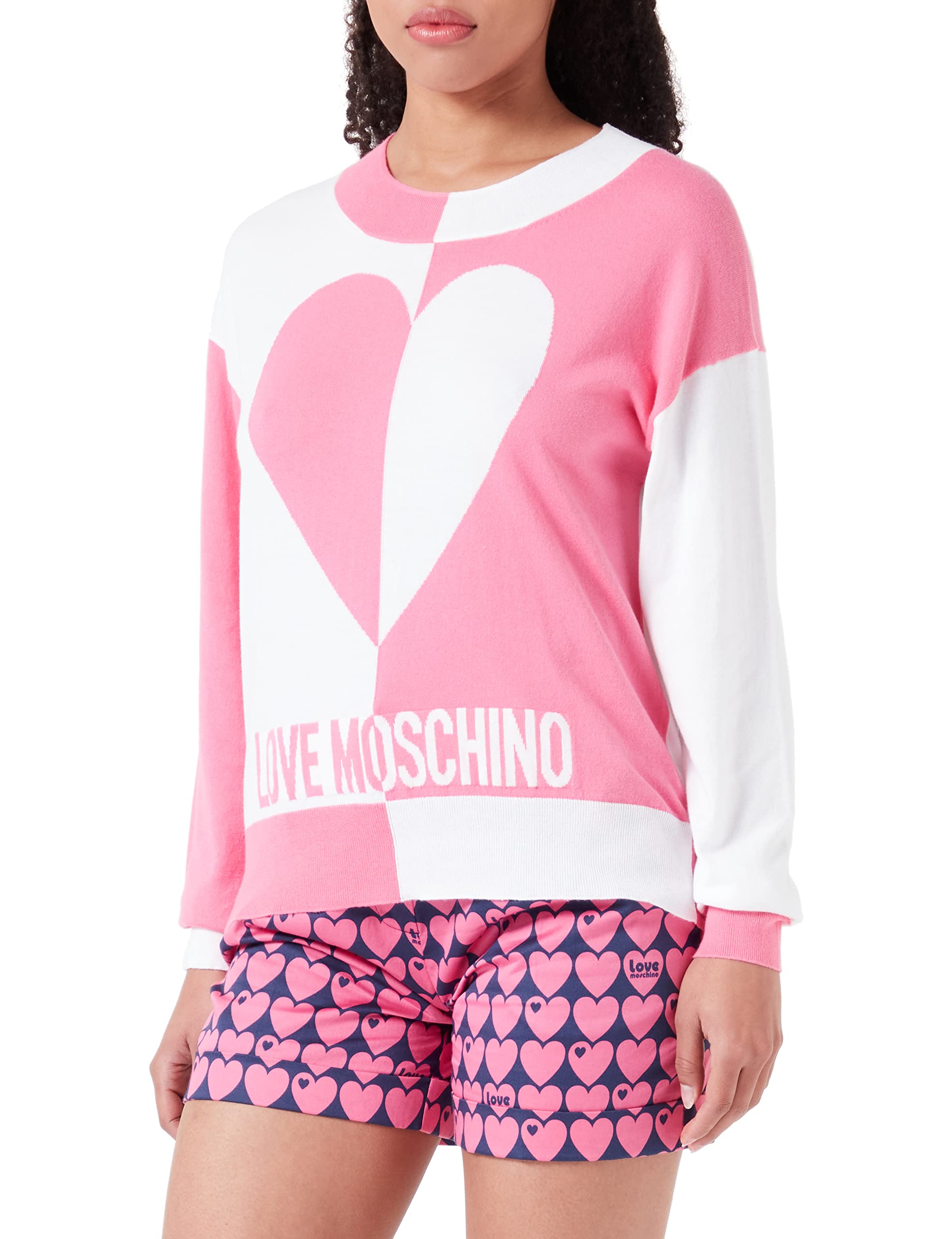 Love Moschino Women's Long-Sleeved Roundneck Pullover, Fuchsia White, 38