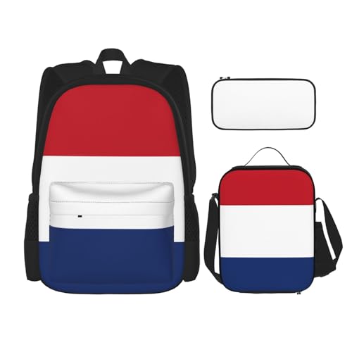 WURTON Rucksack mit niederländischer Flagge, 3-in-1-Büchertaschen-Set, Lunchbox, Federmäppchen, Reise-Laptop-Tagesrucksäcke, Schwarz, Einheitsgröße, Schwarz , Einheitsgröße