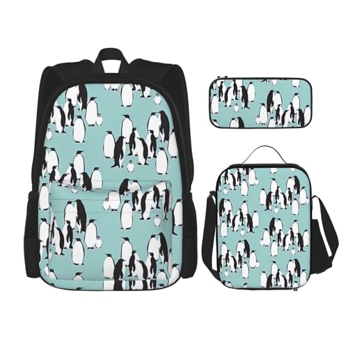 WURTON Niedliches Pinguin-Druck, 3-in-1-Sets, lässig, verstellbar, Schulter-Rucksack, Lunch-Tasche, Federmäppchen, Beutel, Schwarz, Einheitsgröße