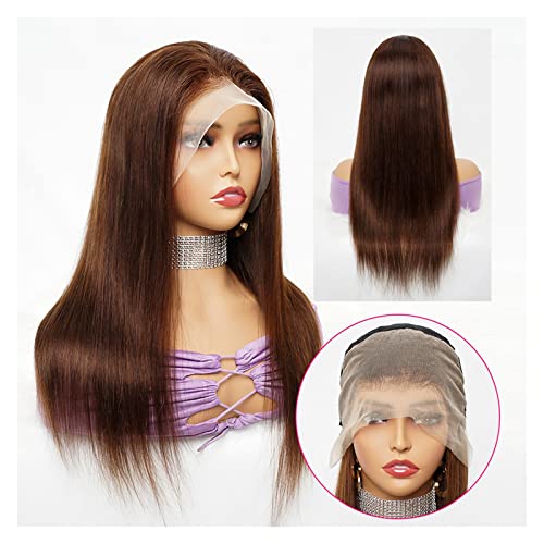 Perücken Glattes Remy-Haar Braune Spitzenfront-Perücke Echthaar-Perücken for Frauen Transparenter Spitzenverschluss 12-28 Zoll langes glattes Remy-Haar Damenperücke(Color:4x4 Lace Wig Brown,Size:22 in