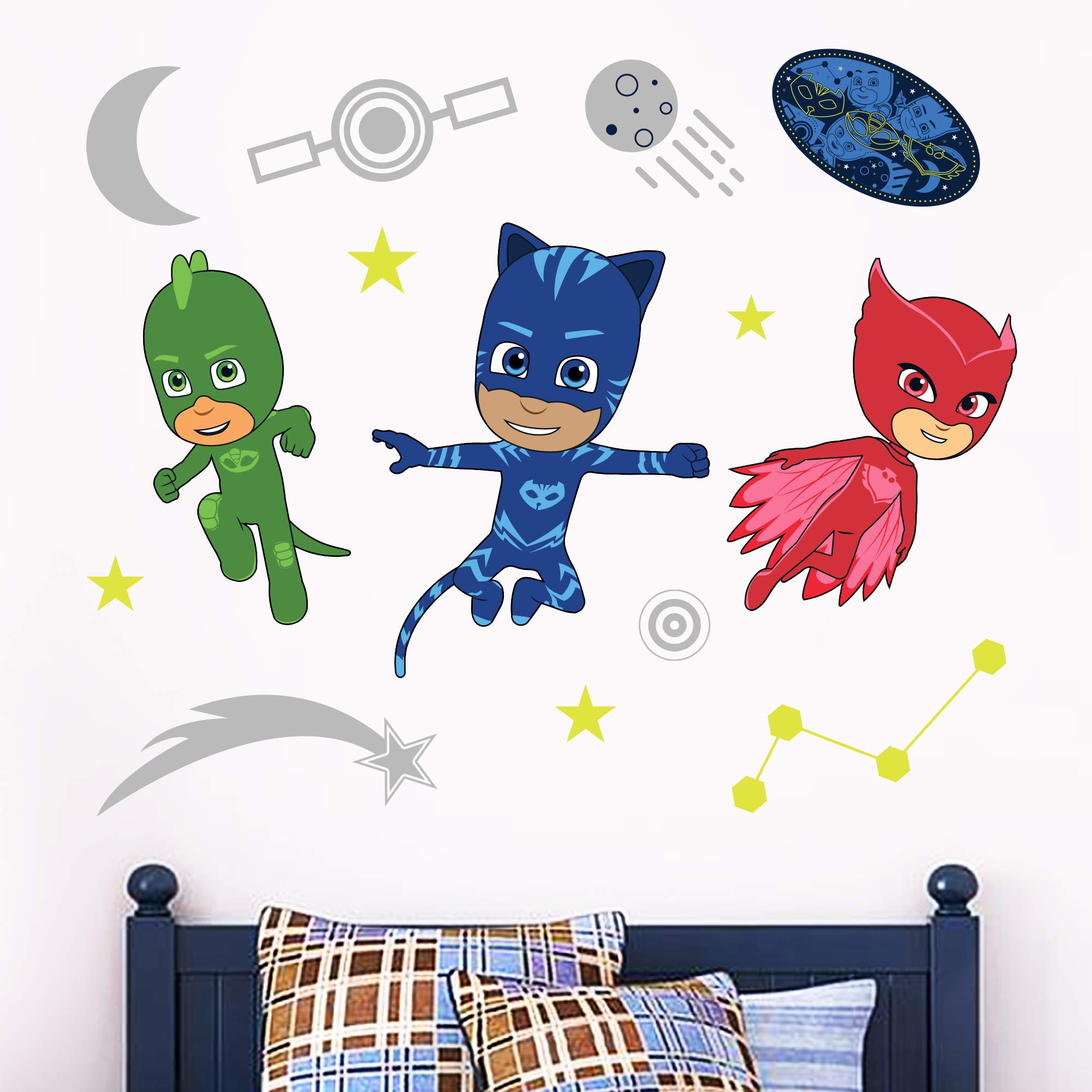 PJ Masks Night Time Wandaufkleber-Set, Eulette, Katze, Jungen, Gekko, Vinyl, 120 cm breit x 60 cm hoch