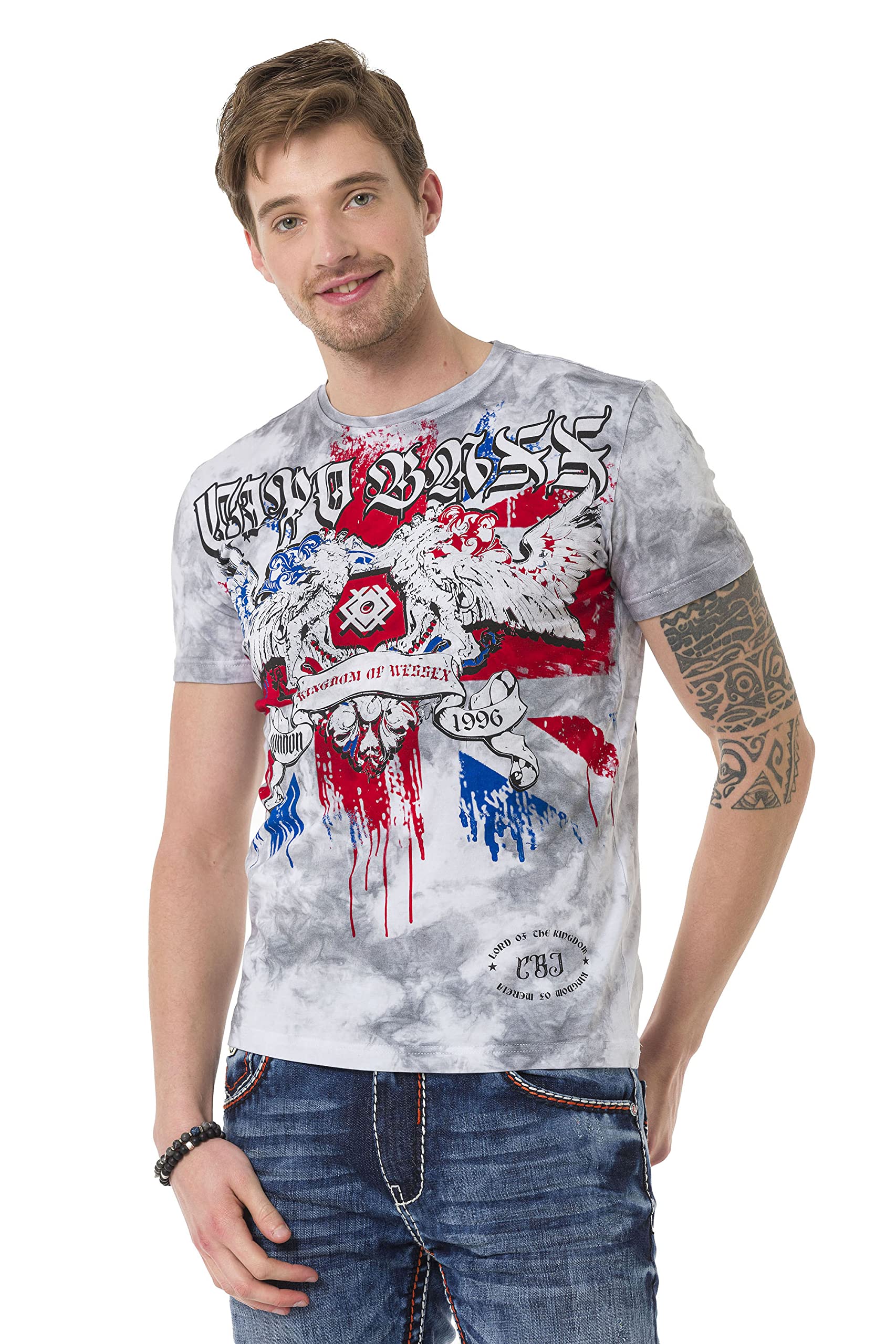 Cipo & Baxx Herren T-Shirt Aufdruck Print Graffiti Design Baumwolle Freizeit Shirt Kurzarm Rundhals CT694 Grau L