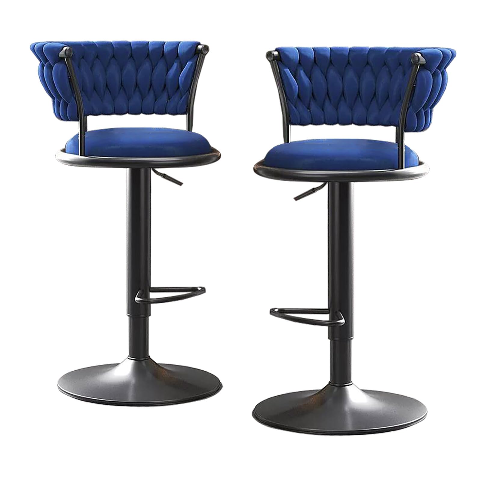 Barhocker 2er-Set, 360° drehbar, verstellbar, Mid-Century Modern Barstühle mit gewebter Rückenlehne und schwarzen Metallbeinen, Samt-Thekenhocker für Küche, Esszimmer, Kneipe, Café, höhenverstellbar