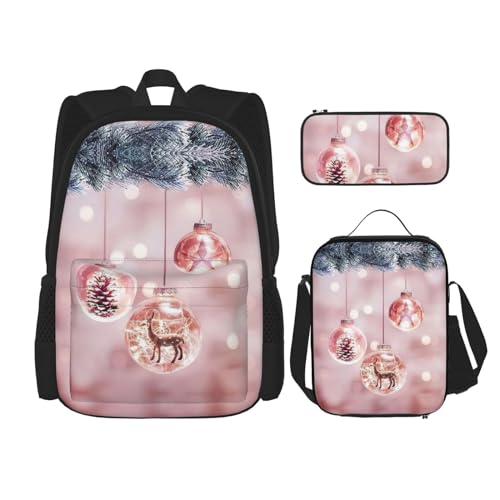 WURTON Pinker Rucksack mit Weihnachtskugel-Aufdruck, für Mädchen und Jungen, Schultaschen, Teenager, Lunchbox und Federmäppchen, 3-in-1-Büchertaschen-Set