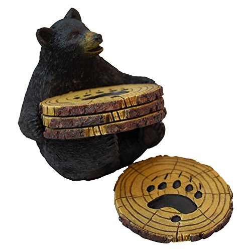 Pine Ridge Rustikal Chic Getränke-Untersetzer Set mit Halter für die Männerhöhle Old West Decor rustikale Hunter Cabin Theme Cabin Dining Furniture Gun Geschenke für Herren Black Bear Coaster