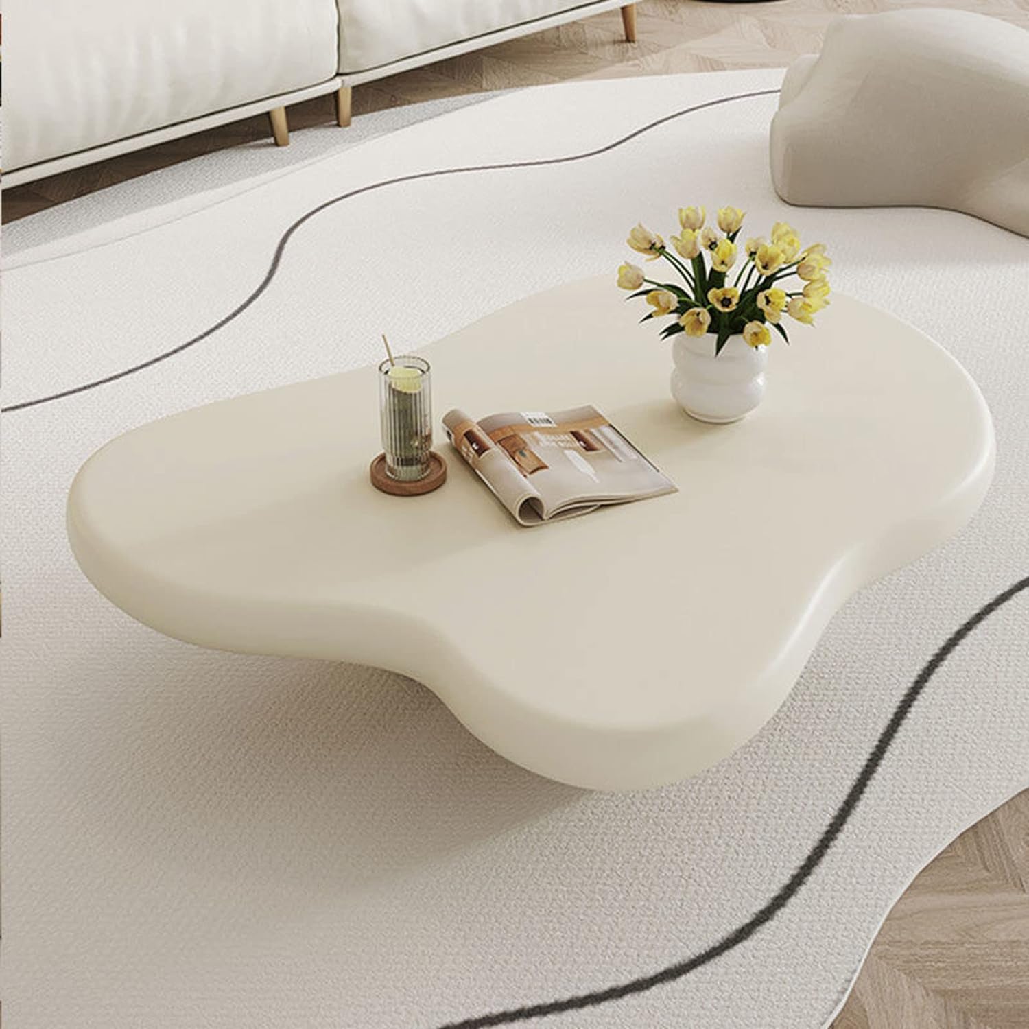 Massivholz-Couchtisch in Wolkenform, Cartoon-Couchtisch für den Innenbereich, cremeweiß, Cartoon-Stil, moderner Mitteltisch für Schlafzimmer, Wohnzimmer, Möbel, Beige, 100 x 69 x 30 cm