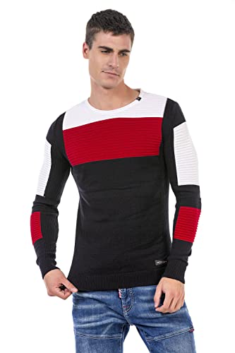 Cipo & Baxx Herren Strick Pullover Sweater Gerippt Pulli CP247 Dunkelblau-Rot XL