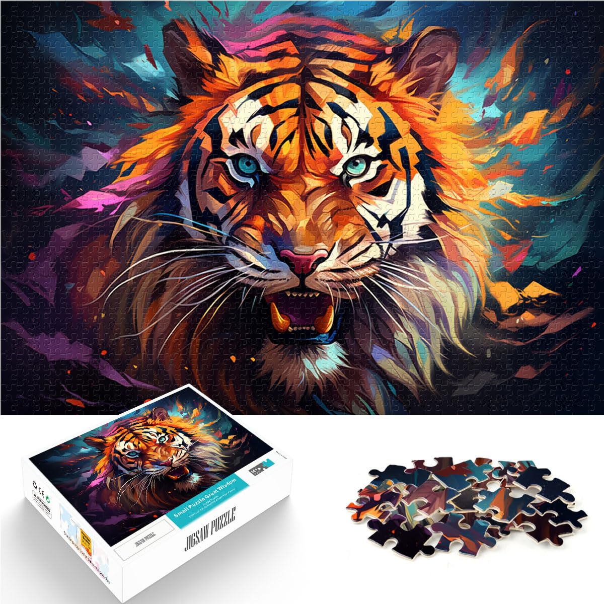 Puzzles Farbenfrohes psychedelisches Gemälde eines sibirischen Tigers. Puzzles für Erwachsene, 1000 Puzzles, Holzpuzzle, schwierige und schwere Puzzles, 1000 Teile (50 x 75 cm)