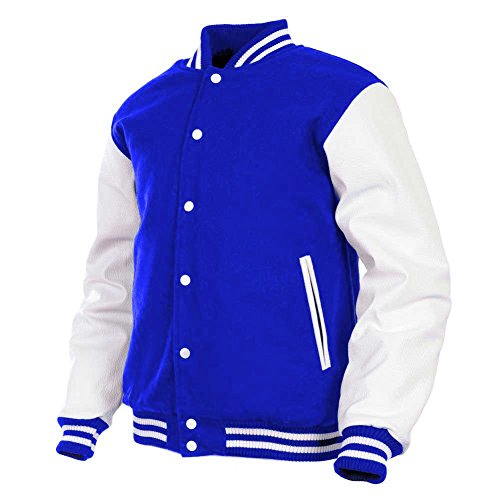 Herren Varsity Jacke Echtes Leder Ärmel und Wollmischung Letterman Jungen College Varsity Jacken XS-5XL, Blau(ar-3), XL