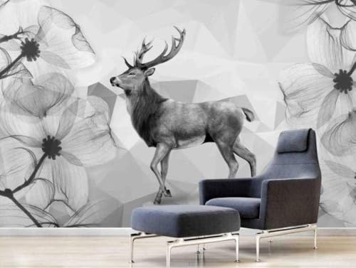 Elch Schwarze Und Weiße Blume 3D Tapete Poster Restaurant Schlafzimmer Wohnzimmer Sofa TV Dekorative Wand-300cm×210cm