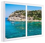 CCRETROILUMINADOS Bucht von Rhodos Griechenland Wandbilder falschen Fenster mit Licht, Holz, Mehrfarbig, 80 x 60 x 6.5 cm