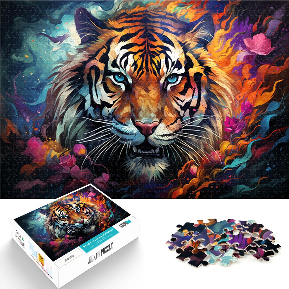 Puzzle-Geschenk, Gemälde eines bunten Tigers, Puzzle 1000 Teile für Erwachsene, Holzpuzzle, einzigartige Heimdekoration und Geschenke, 1000 Teile (50 x 75 cm)