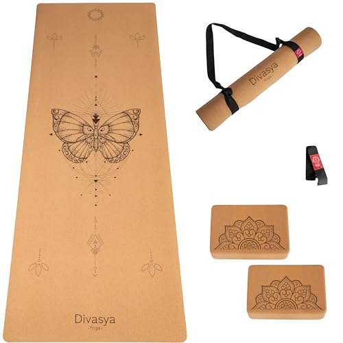 DIVASYA Premium Yogamatte Kork rutschfest: SET mit 2 Blöcken, Naturkautschuk rutschfest & Kork, extra-breit &dick (183x66x0,4cm), Yoga Matte Kork rutschfest, Tragegurt, schadstofffrei, nachhaltig