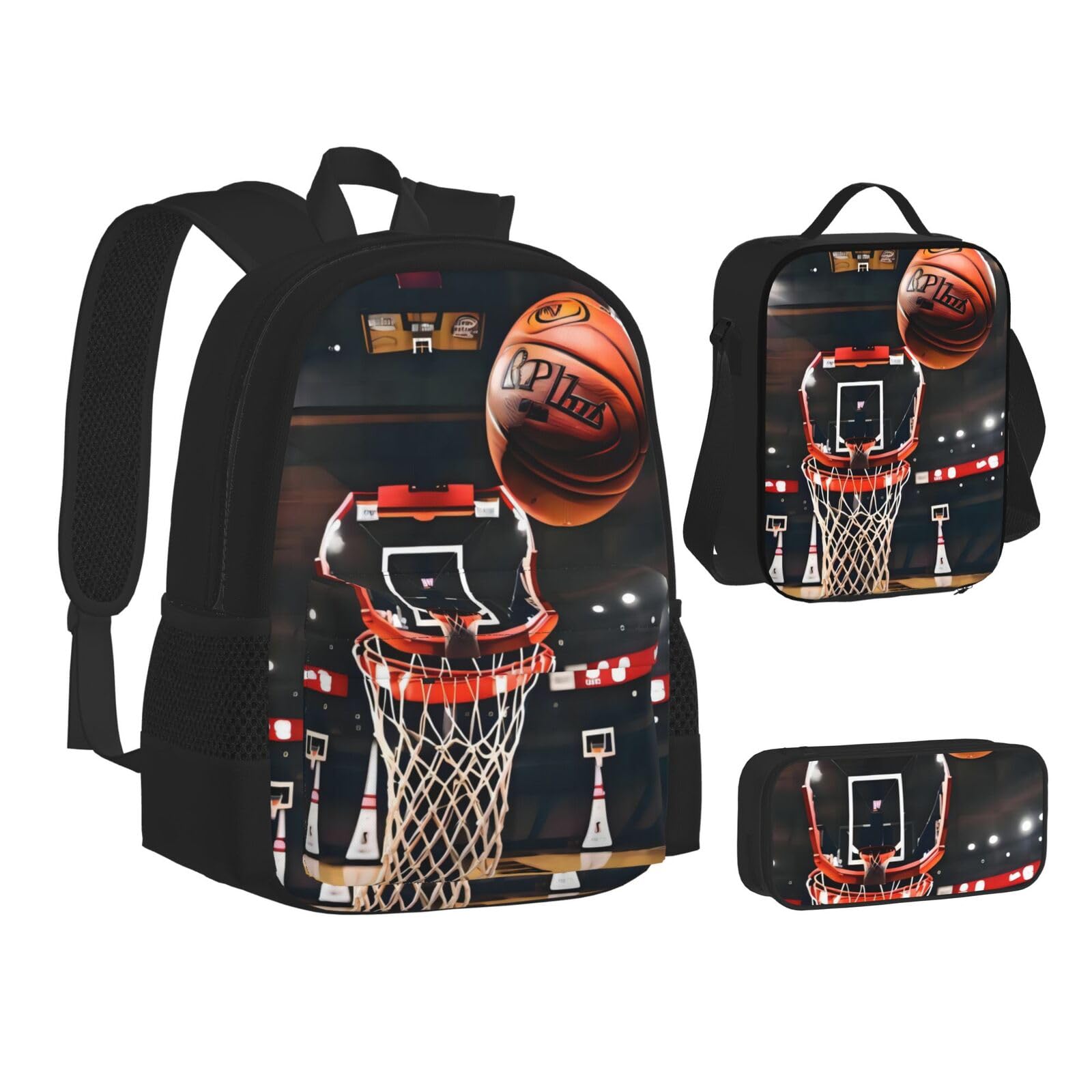 WURTON Basketball-Rucksack, Lunchbox-Set, 3-in-1-Rucksack und Federmäppchen, passende Kombination, Schwarz, Einheitsgröße