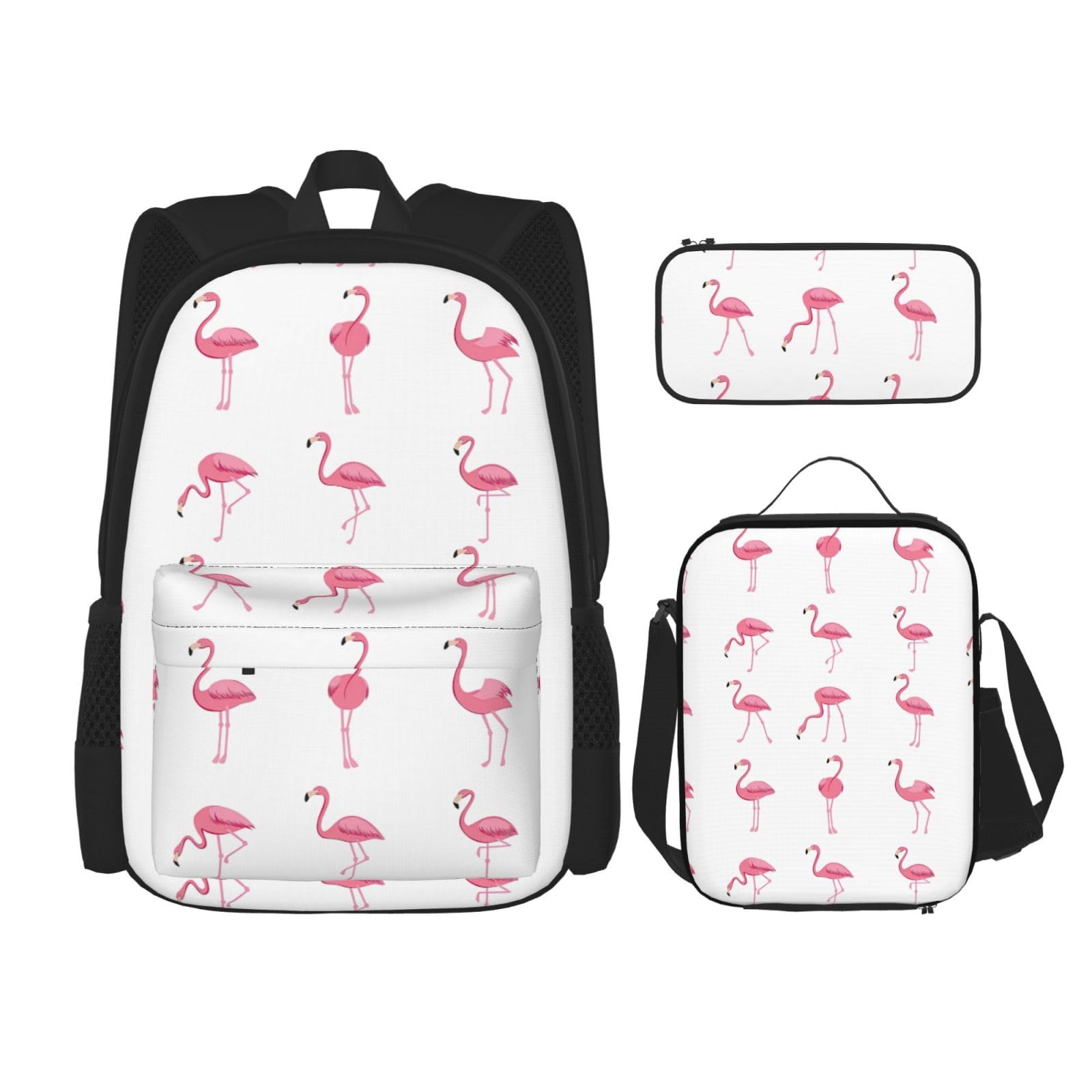 WURTON 3-in-1 Büchertaschen-Set, Flamingos auf weißem Druck, verstellbarer Schulter-Rucksack, Lunch-Tasche, Federmäppchen, Beutelbox, Schwarz, Einheitsgröße