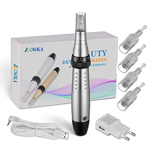 Elektrischer Dermapen Microneedling Pen Mikronadel roller 2 Stück Nadelpatrone 12 Pin verstellbare 0,25mm-2,0mm Nadellänge und 5 Geschwindigkeit (silver)