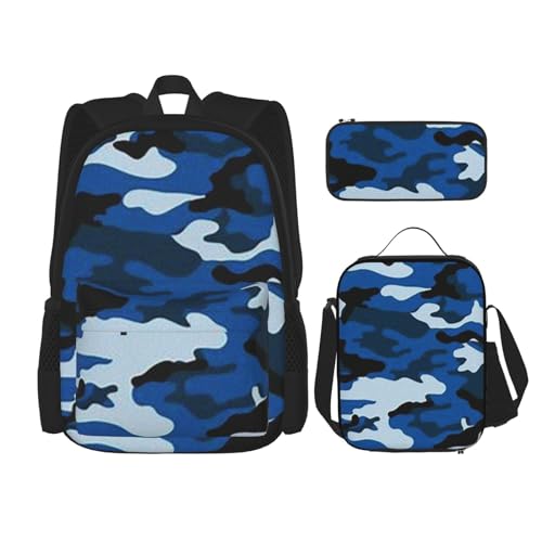 DENMER Mehrzweck-Schulranzen mit passendem Federmäppchen und Lunch-Tasche, Blau, Camouflage-Muster