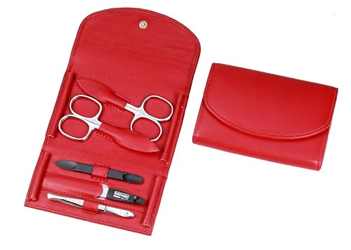 Maniküre Set - 5 teiliges Nagelpflegeset - Echtes Nappa-Lammleder - Nagelschere, Hautschere, Nagelfeile, Pinzette und Doppelinstrument (Rot)