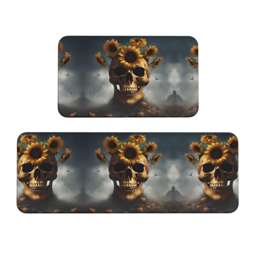 YQxwJL Küchenteppich, Motiv: Sonnenblumen-Halloween-Totenkopf-Druck, rutschfeste Küchenmatte, 2er-Set, bequeme Standmatten für Küche, Büro