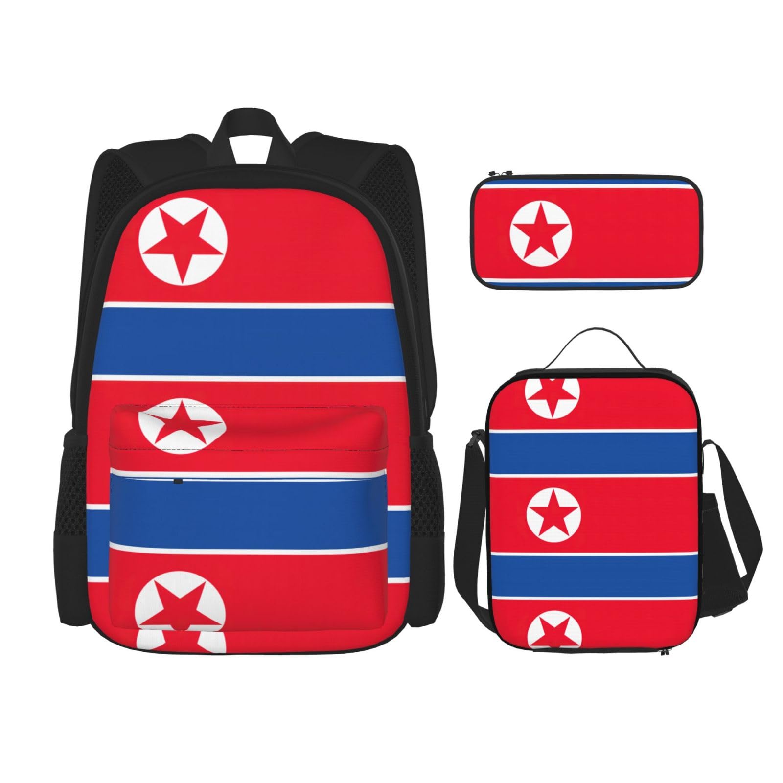 WURTON Lunchbox mit koreanischer Flagge, Federmäppchen, Rucksack-Set, 3-teilig, verstellbare Riemen, langlebig, leicht, Schwarz, One Size