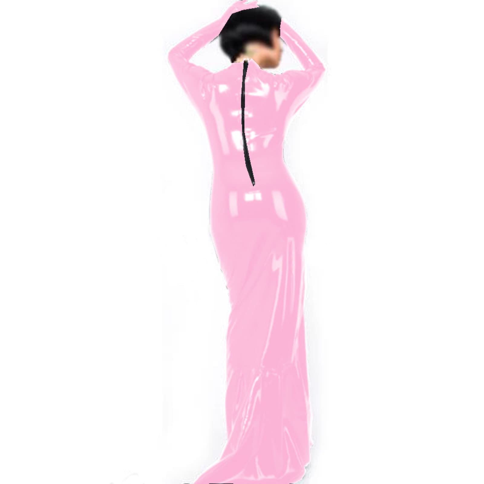 Hoher Ausschnitt Langarm Leder PVC Abendkleider Rückenfrei Partykleider Damen Bademäntel Vestidos,Hellrosa,6XL