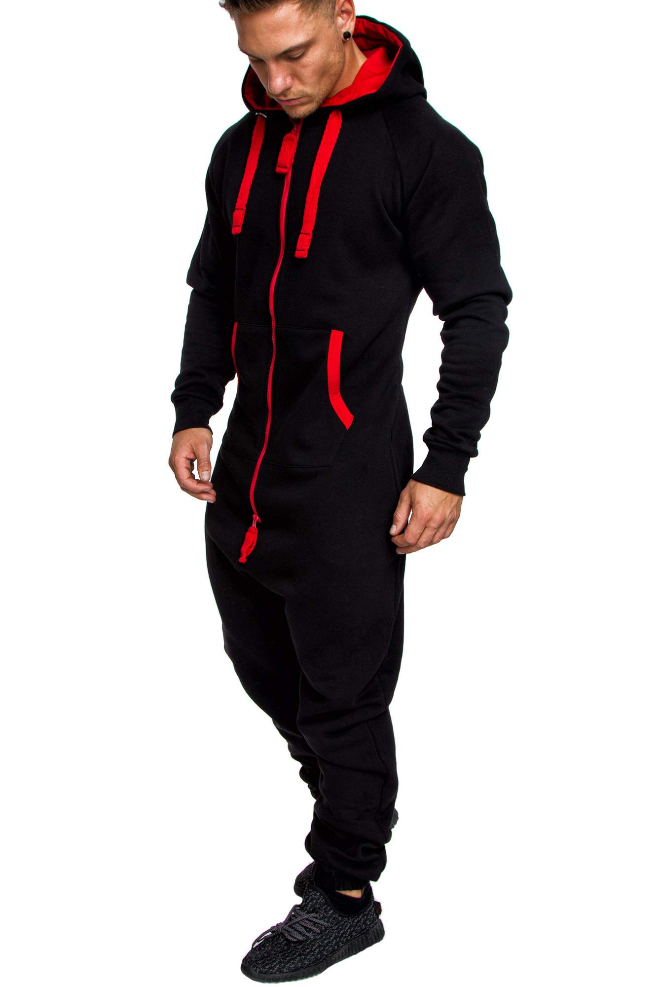 Amaci&Sons Herren Overall Jumpsuit Jogging Onesie Trainingsanzug Camouflage 3004 Schwarz/Rot S