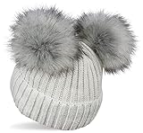 styleBREAKER Kinder Strick Bommelmütze mit 2 Kunstfellbommel und Fleece Futter, Winter Mütze, Strickmütze, 2-5 Jahre 04024203, Farbe:Hellgrau