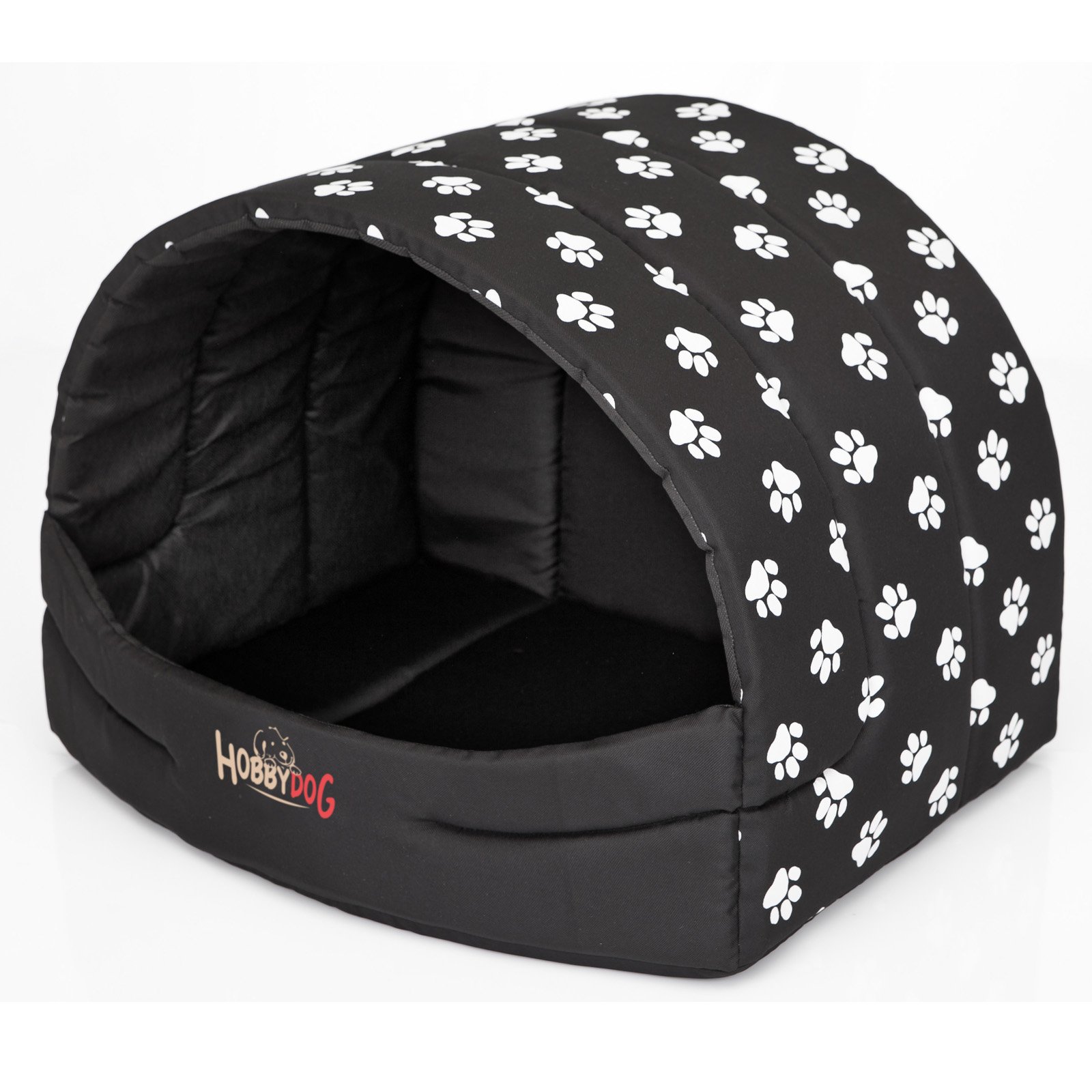 millybo Hundehütte Hundehöhle Hundebett Hundehaus S-XL (R4 (60 x 49 cm), schwarz mit Muster (Pfötchen))