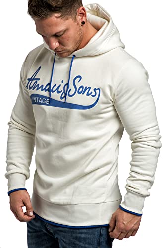 Amaci&Sons Herren Basic Kapuzenpullover Sweatjacke Pullover Hoodie Sweatshirt 4062 Weiß/Navyblau XL