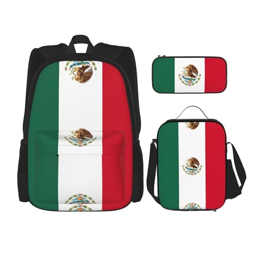 WURTON Trendige Rucksacktaschen und Federmäppchen, 3-in-1-Rucksack-Set, Motiv: Flagge von Mexiko, verstellbarer Rucksack