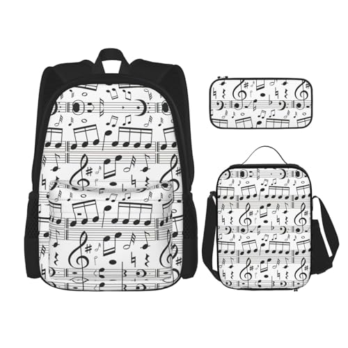 WURTON Schulrucksack mit Musiknotenaufdruck, 3-in-1, Büchertasche, Set mit Lunchbox, Federmäppchen, Reise, Laptop, Tagesrucksack