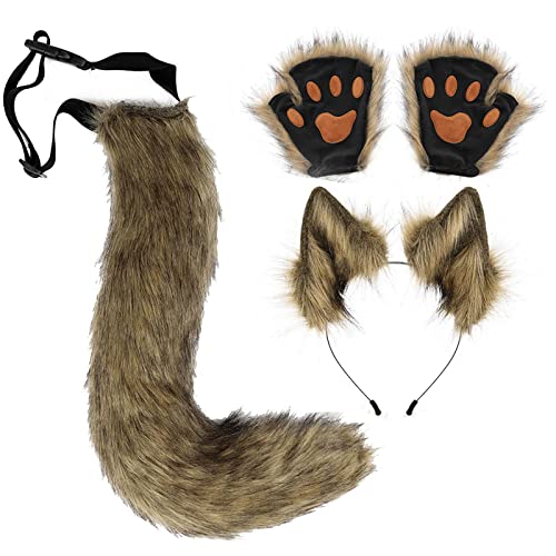 Handschuhe-Schwanz-Set, 280 G Tragbare Wolf-Fuchs-Pelzohren, Einfach Zu Tragendes Kostüm, Flauschiger Fuchsschwanz, Wolf-Kostüm-Verkleidung Für Pelzige Fuchs-Accessoires, Erwachsene, Frauen Und Ausgef