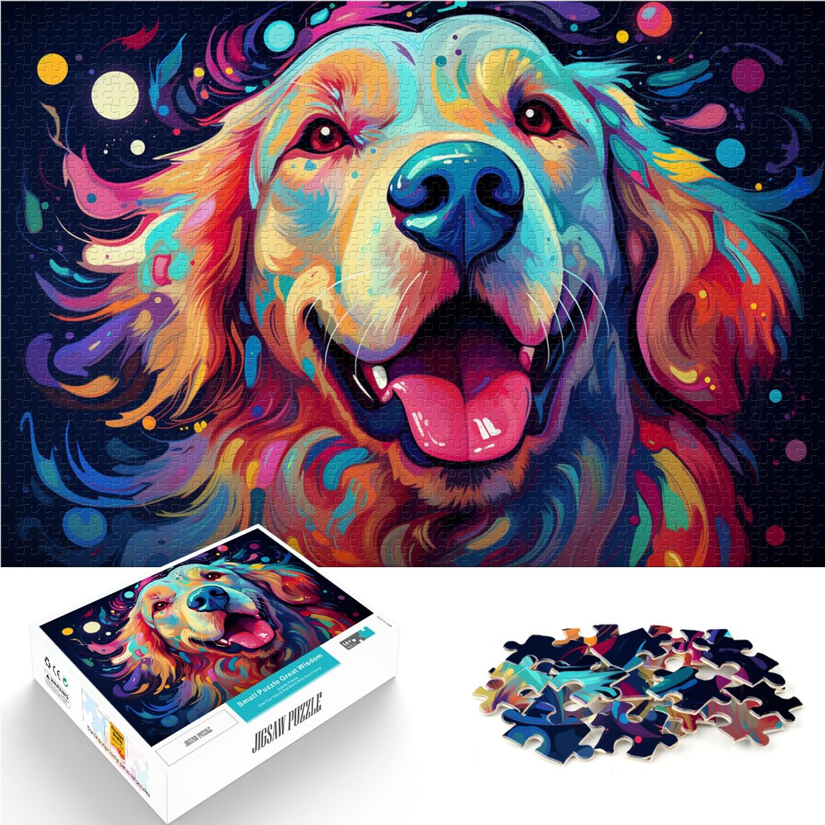 Puzzlespiel Bunte Psychedelie der Golden Retriever, 1000-teiliges Premium-Puzzle aus Holz mit passendem Poster und Wissensblatt, 1000 Teile (50 x 75 cm)