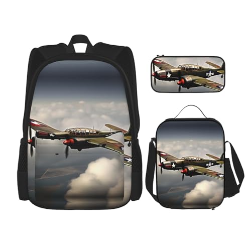 WURTON Weltkrieg Flugzeug Flugzeug 2-Standard-Scale-2_00x Druck Lunchbox Federmäppchen Rucksack Set 3 Stück Verstellbare Träger Langlebig Leicht, Schwarz, One Size