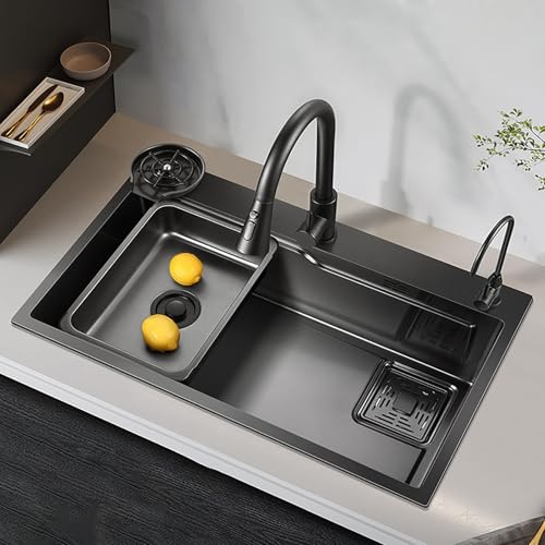 Schwarz Küchenspüle, Waschbecken aus Glatter Edelstahl 304, Küche Einbau Spüle mit Wasserhahn, Multifunktionale Spülbecken mit Massivholz-Schneidebrett für Camping(75 * 45cm)