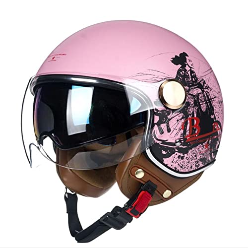 BGMKE Erwachsene Motorrad Helm Retro Brain-Cap 3/4 Halbhelm Vintage Style Jethelm Für Herren Damen Cruiser Scooter-Helm Mofa-Helm ECE Zertifizierung Roller Moped Helm Mit Visier