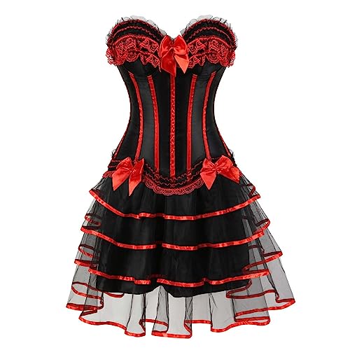 Mittelalter Rock Damen Set Steampunk Gothic Rock und Korsett Zweiteiliges Vintage Viktorianisch Renaissance Spitzen Tutu Rock Halloween Karneval Kostüm Palast Gotischer Punk 2PCs Party Outfit