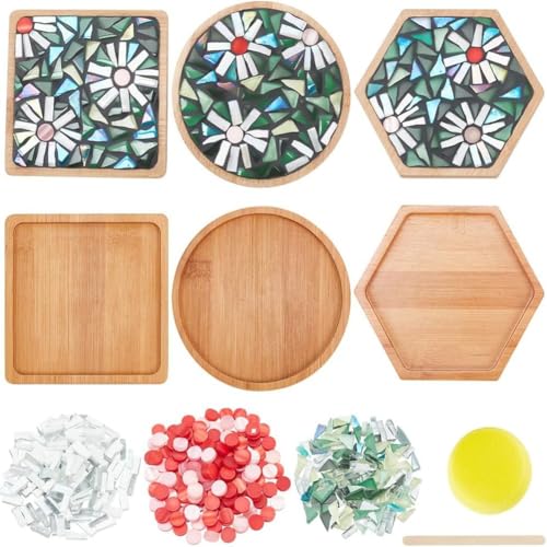 Begchy 3 Stile DIY Mosaik-Bastelset, Blumenmosaik-Bambus-Untersetzer-Set für Handgefertigte Kunst, Heimdekoration