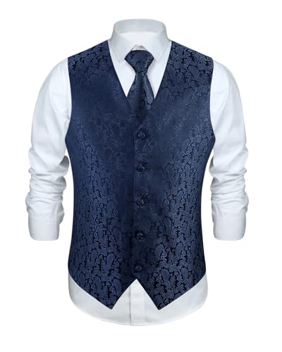 Enlision Anzugweste Navy blau Herren Hochzeit Paisley Westen & Krawatte Einstecktuch Party Floral Jacquard Anzug Weste Set XS