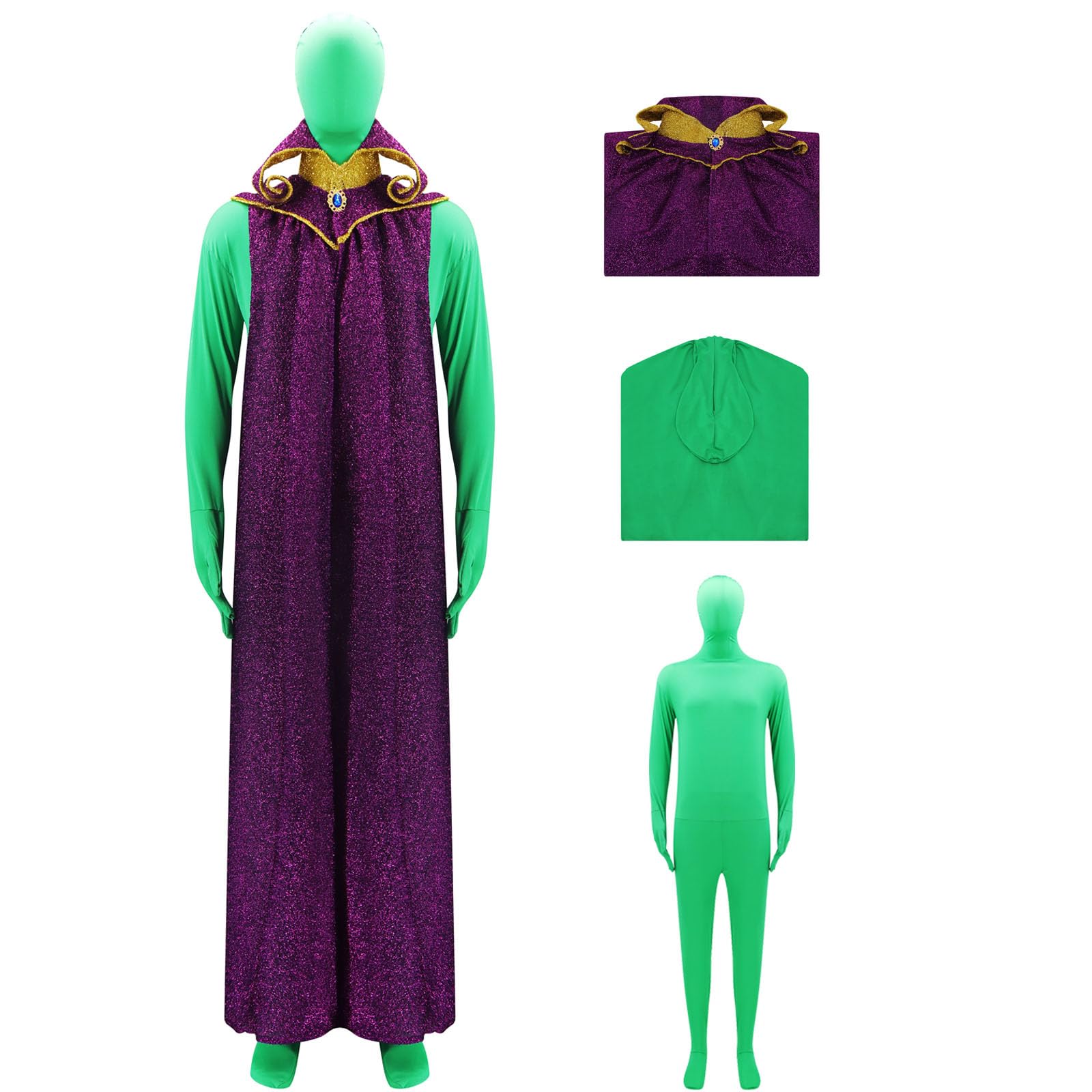 AYYOHON Martian Kostüm für Herren, grüner Alien-Cosplay-Body mit Umhang, Ganzkörper-Greenman-Anzug für Erwachsene, Halloween, Fasching, Größe S