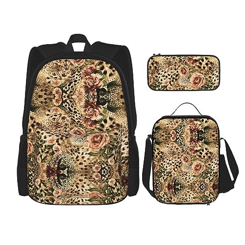 WURTON Gestreifte Lunchbox mit Leopardenmuster, Federmäppchen, Rucksack-Set, 3-teilig, verstellbare Riemen, langlebig, leicht, Schwarz, One Size