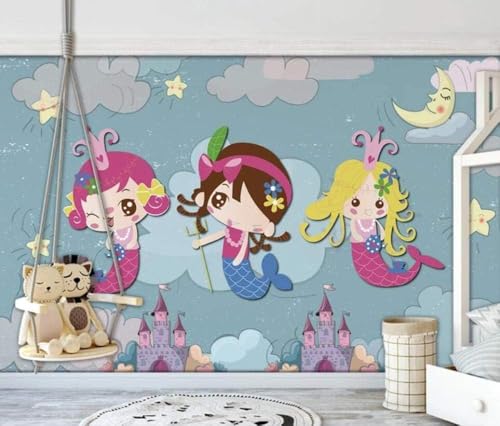 Cartoon Fantasy Meerjungfrau Schloss Mond 3D Tapete Poster Restaurant Schlafzimmer Wohnzimmer Sofa TV Dekorative Wand-150cm×105cm