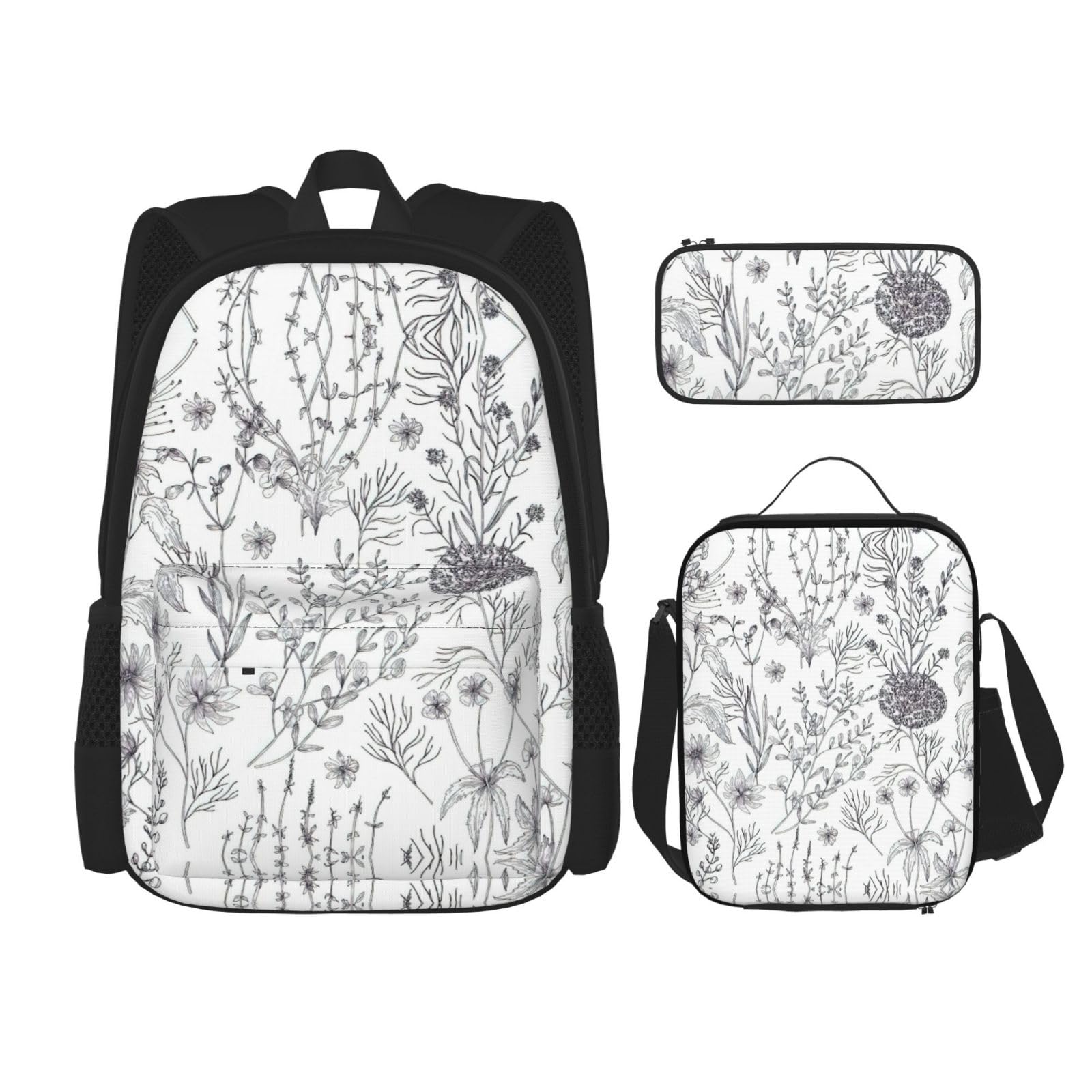 WURTON Rucksack mit Blumen- und Kräuterpflanzen-Druck, für Mädchen, Jungen, Schultaschen, Teenager, Lunchbox und Federmäppchen, 3-in-1-Büchertaschen-Set