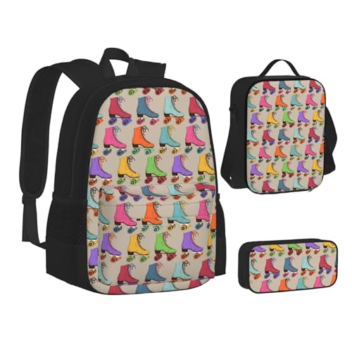 WURTON Bunte Büchertasche mit Rollschuh-Aufdruck, Lunch-Tasche, Federmäppchen, 3-in-1, Schulrucksack-Set, Kinder-Rucksack