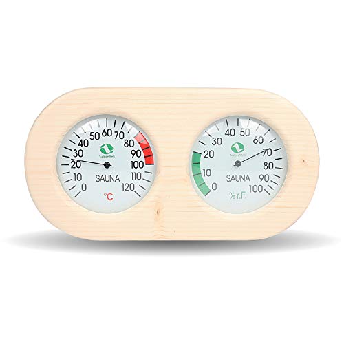 Sauna Klimamesser Messstation mit Thermometer und Hygrometer im Holzrahmen